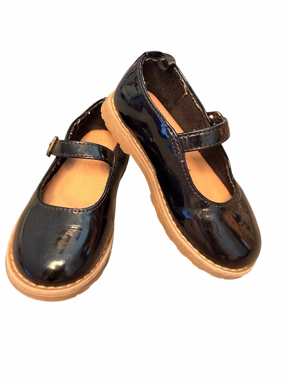 Old Navy Girls Black Patent Mary Jane Shoes with Tan Sole - 8